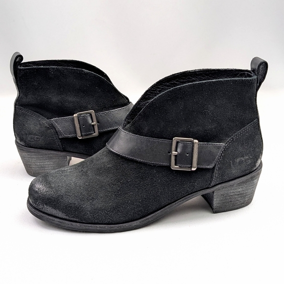 UGG Ankle Boots Suede & Leather Belted Buckle Block Heel Pull On Wright Black 8 - Picture 14 of 14